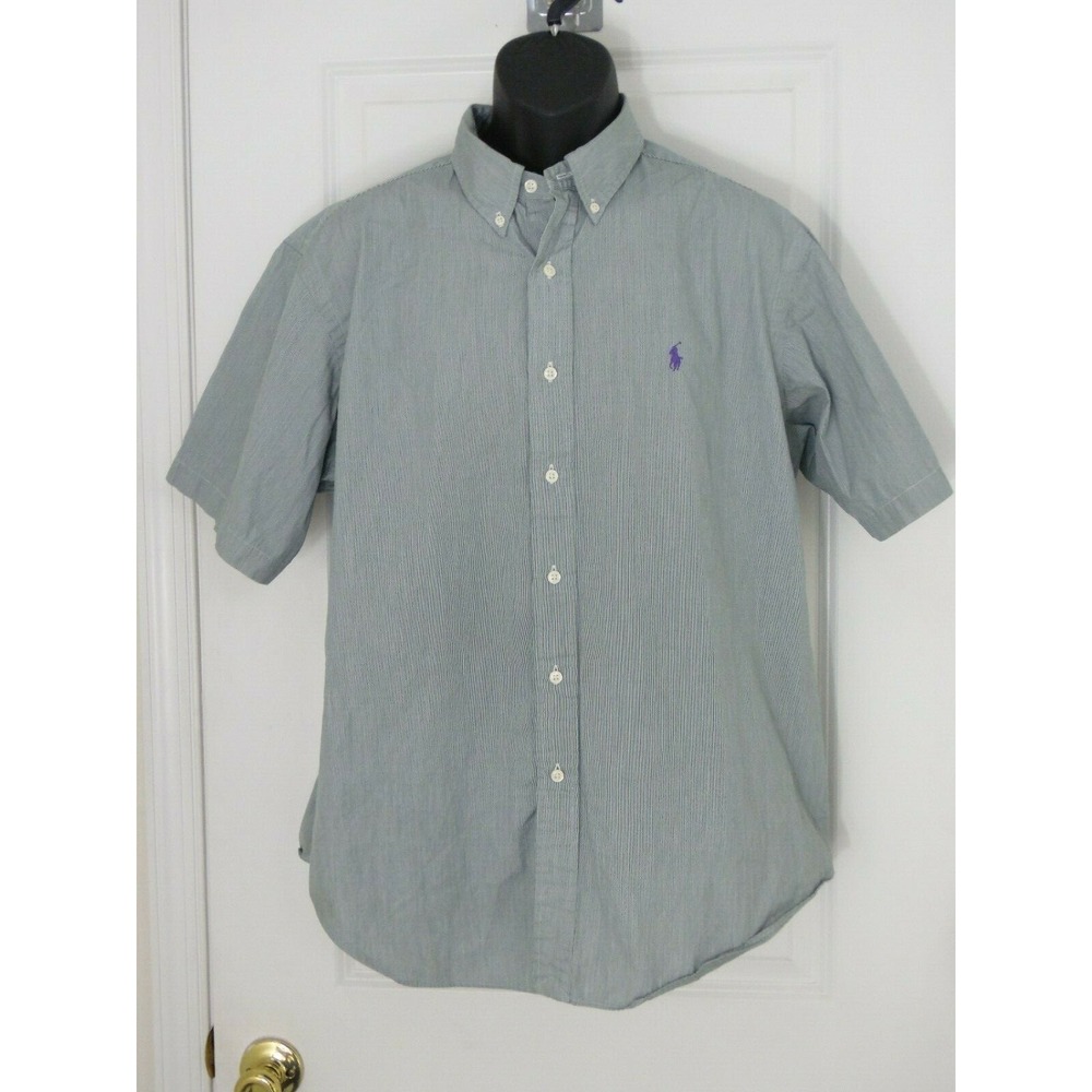Ralph Lauren Mens Green Striped Short Sleeve Logo Collared Button Up Shirt Sz XL